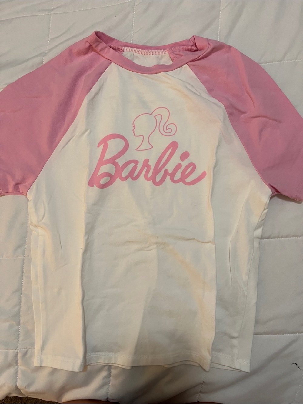 Barbie White Tee with Pink Raglan Sleeves and Logo